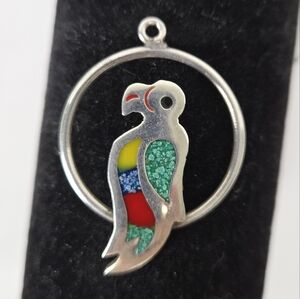 Mexico sterling silver parrot pendant inlaid stone